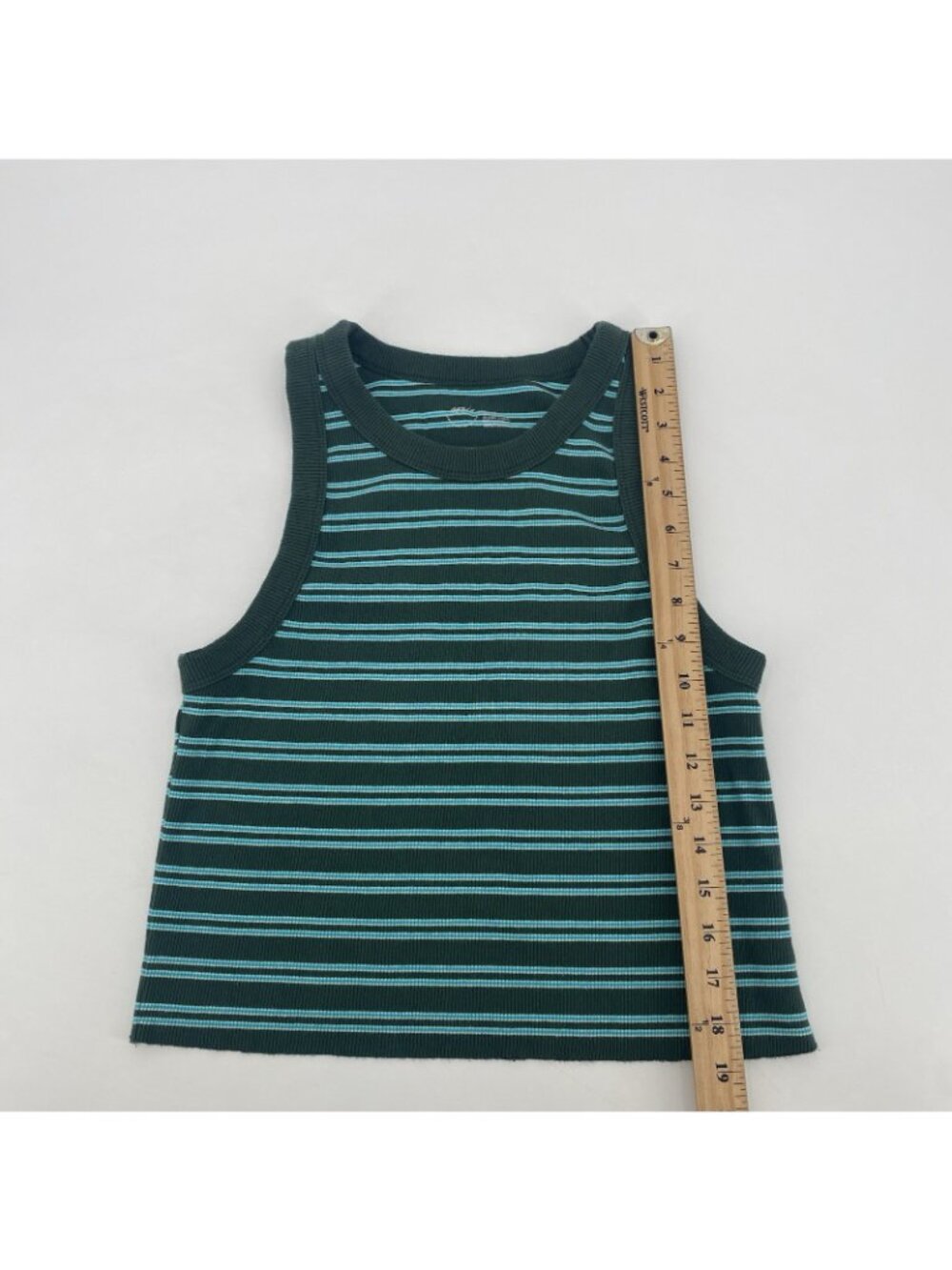 Aerie Women’s Size XL Green White Blue Striped Rib Knit Crop Tank Top Raw Hem - Picture 4 of 10